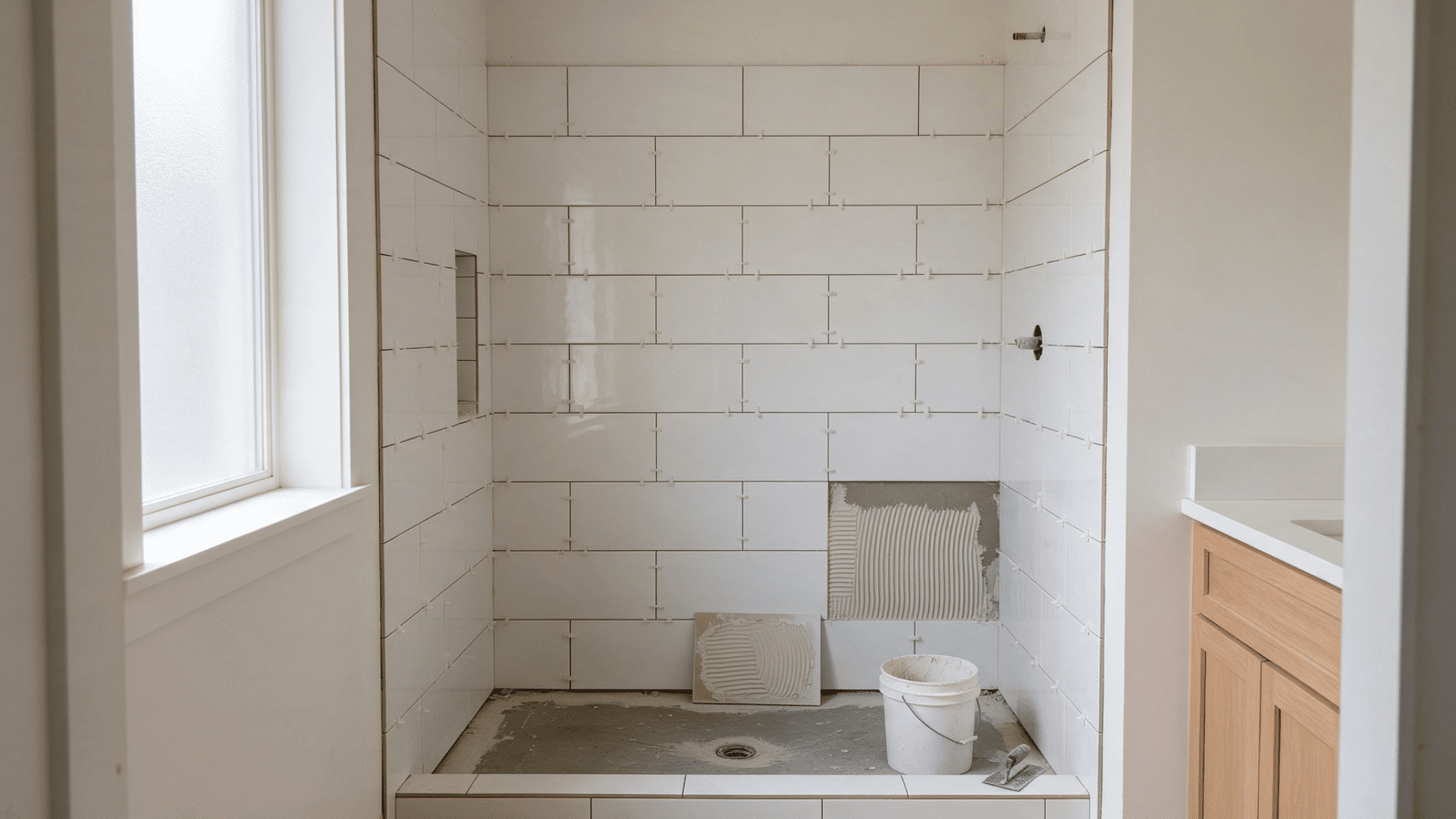 White shower wall tiles being installed with spacers, exposed thinset, bucket and round floor drain.