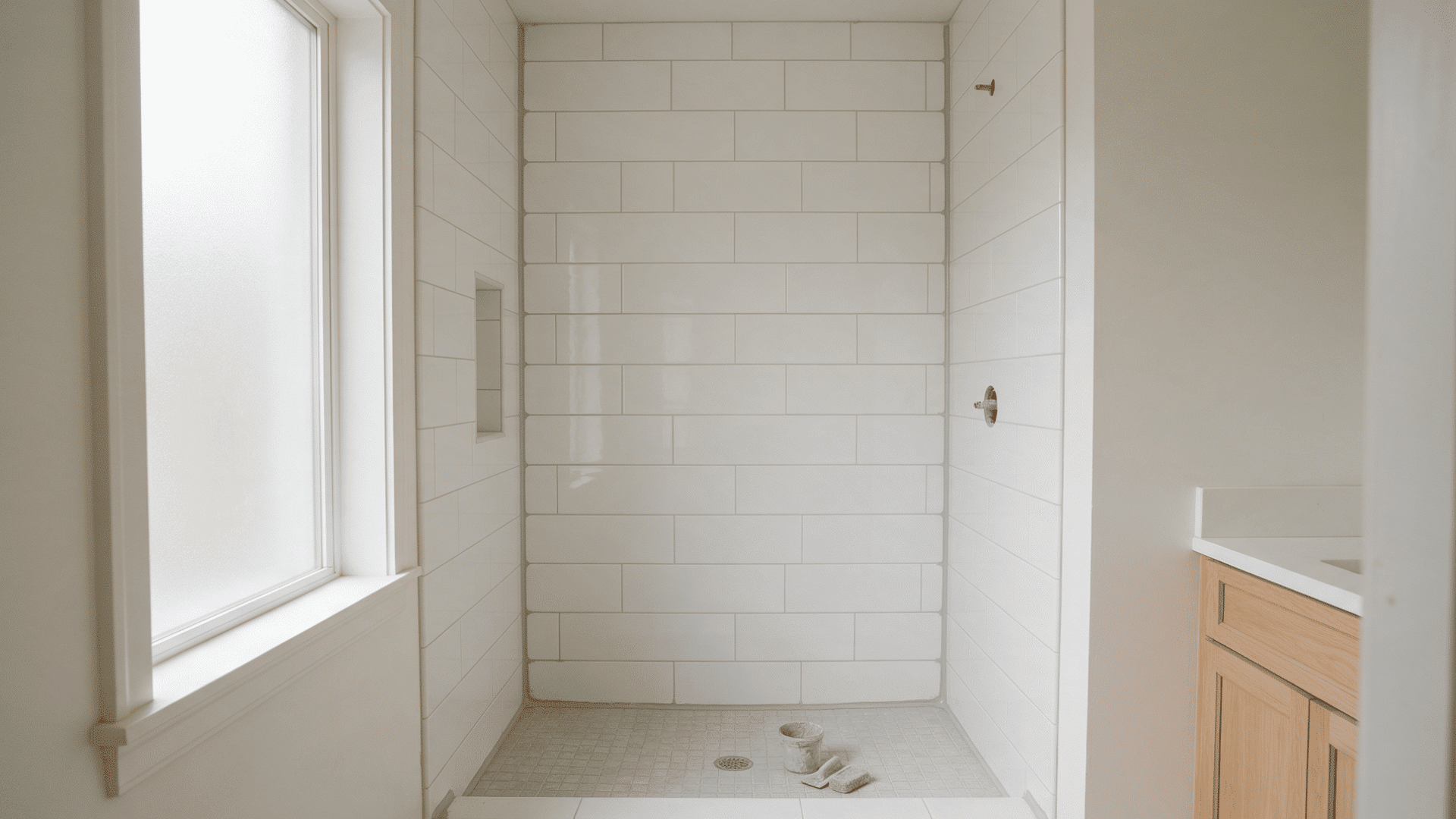 Tiled shower with light grout joints, mosaic floor, recessed niche, grout bucket and sponge.