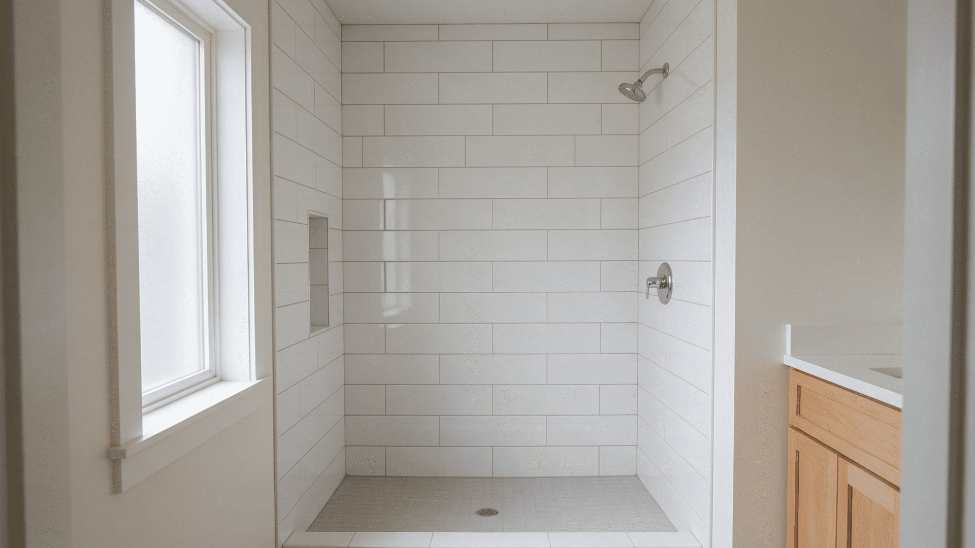 Finished white tiled shower with chrome showerhead, valve, recessed niche and mosaic tile floor.