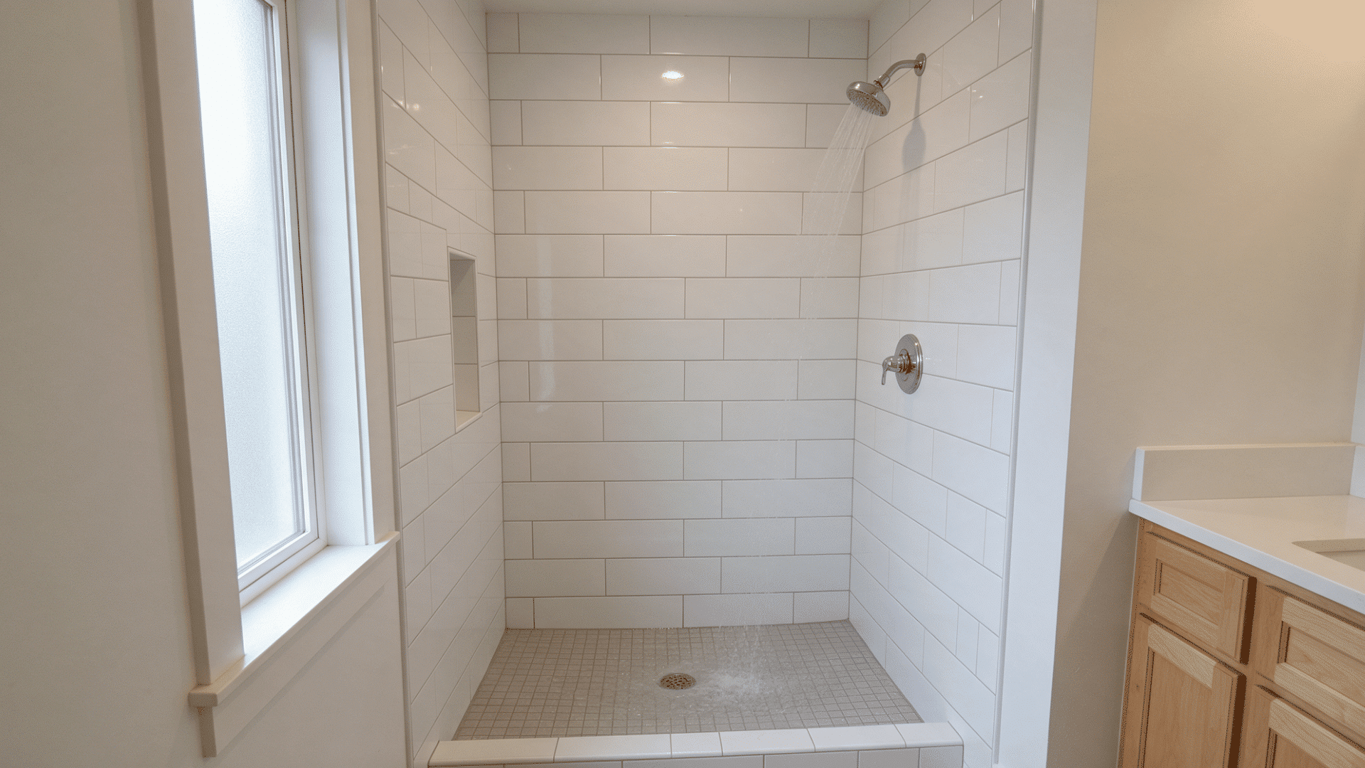 Finished tiled shower with running water flowing from chrome showerhead toward the floor drain.
