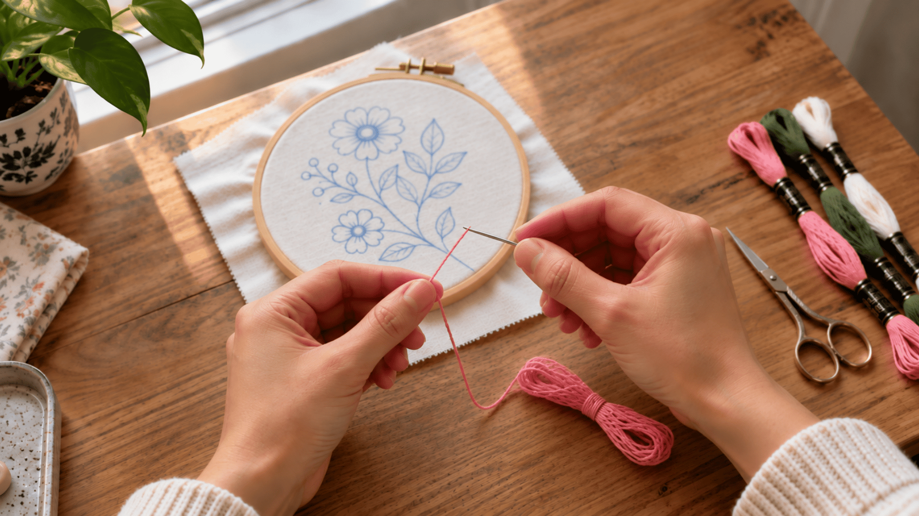 needle threaded with embroidery floss ready for a simple hand stitching project