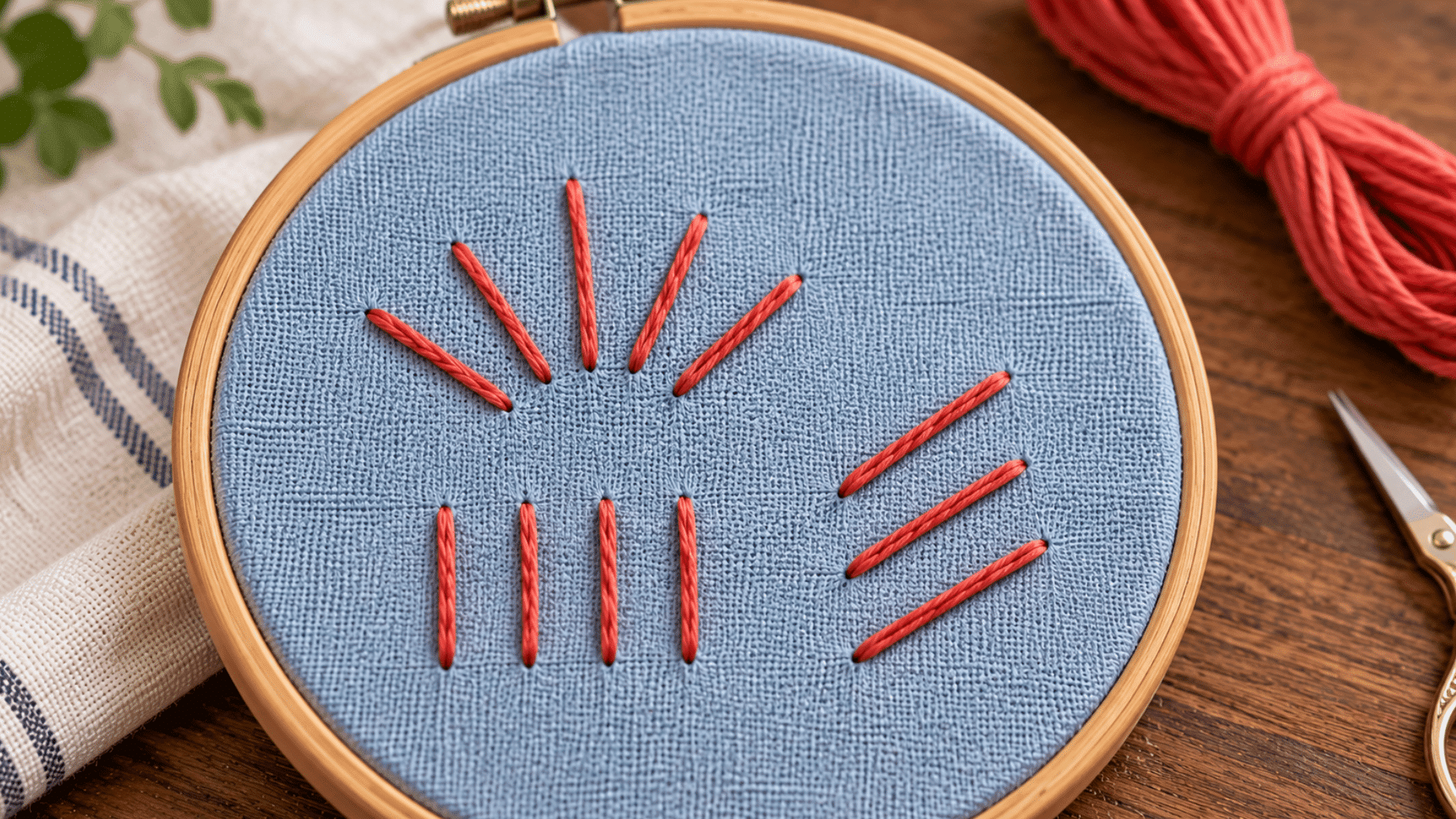 coral straight stitch embroidery on blue fabric showing separate rays, grass-like strokes, and simple diagonal lines
