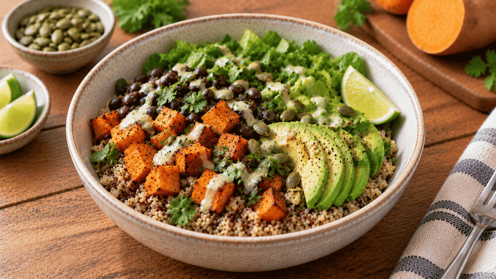 sweet potato black bean quinoa bowl with avocado greens pepitas cilantro and lime