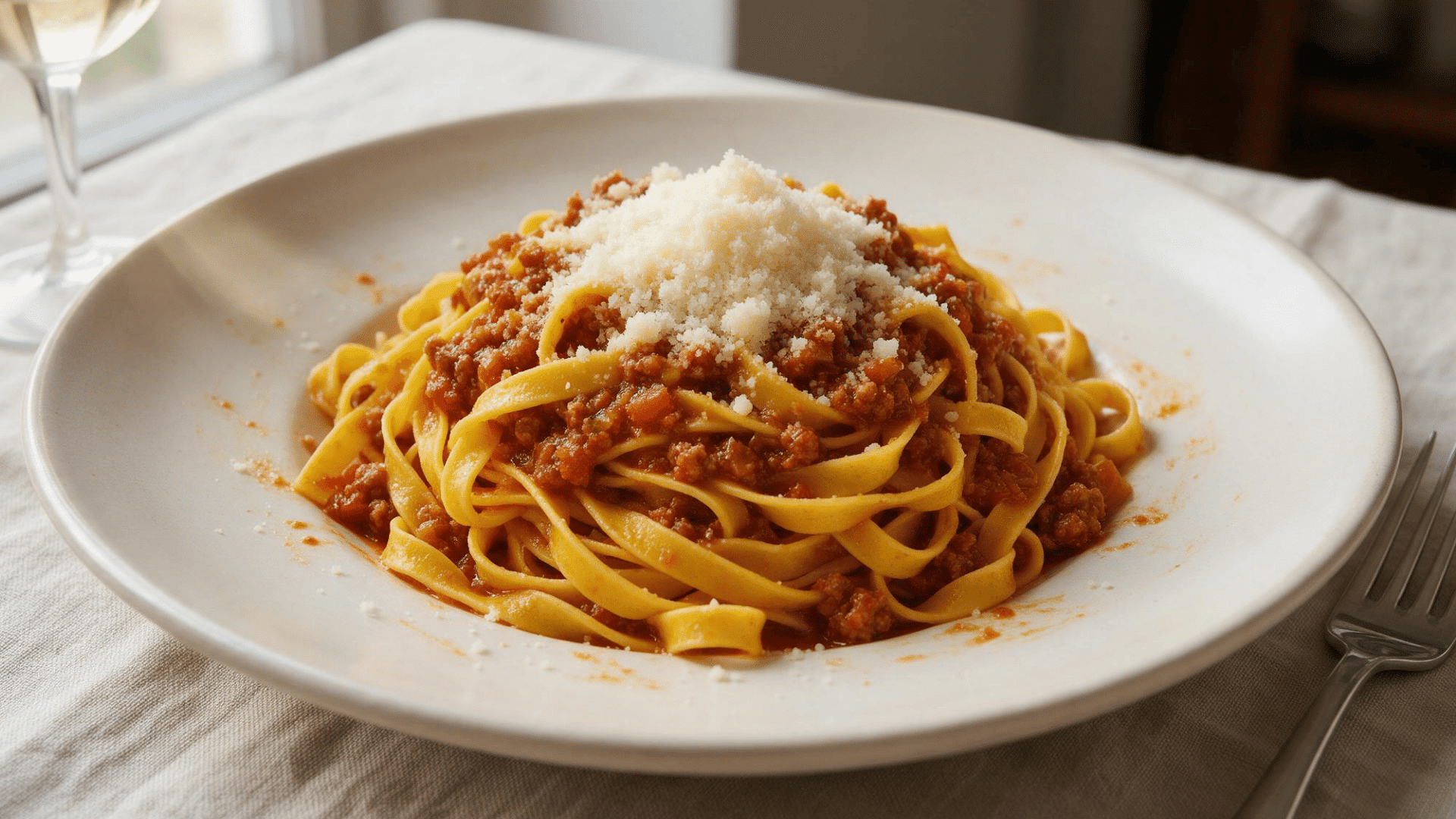 Tagliatelle topped with meat ragù and grated cheese in a white bowl beside a fork.