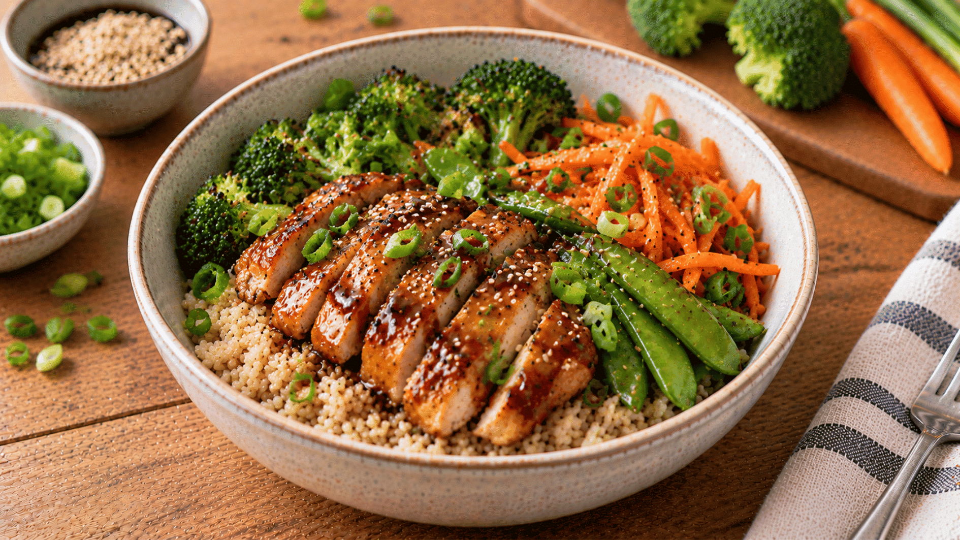 teriyaki chicken rice bowl with broccoli snap peas carrots sesame seeds and green onions