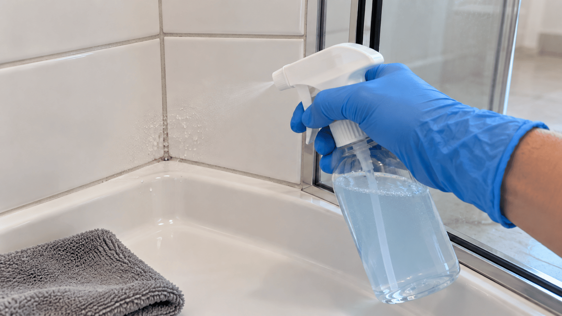 blue-gloved hand spraying cleaner on a small shower tile area for testing
