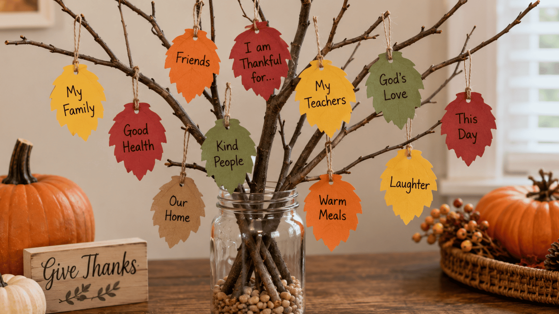thankful tree centerpiece with bare branches and colorful paper leaves tied with string in a jar