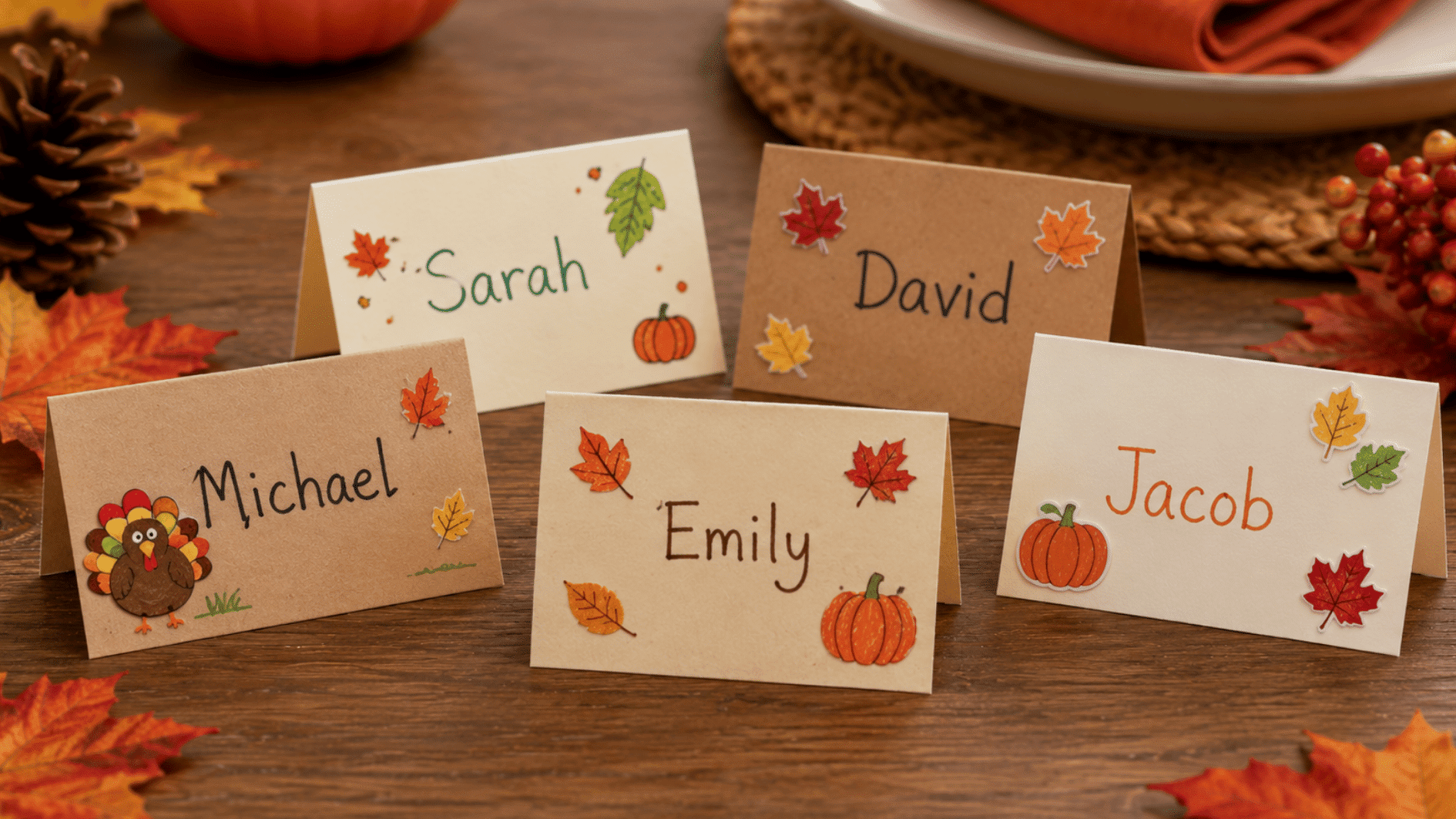 handmade Thanksgiving place cards decorated with autumn leaves, pumpkins, and turkey details