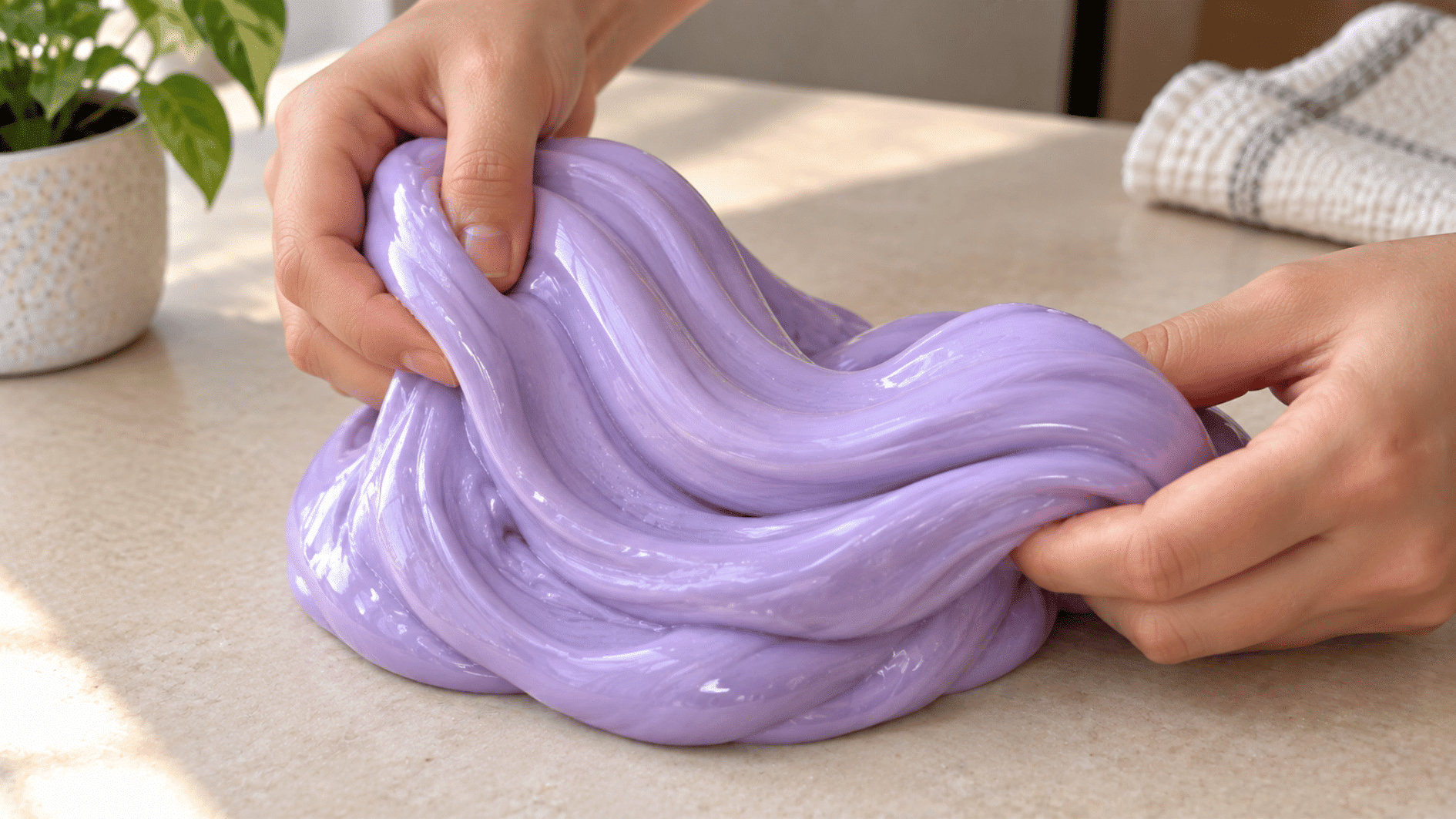 thick and glossy slime with a smooth shiny texture stored in a clear container on a wooden table