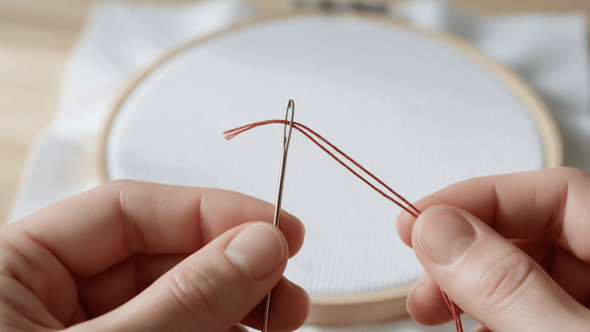 hands threading two strands of red embroidery floss through the eye of a tapestry needle for cross stitch