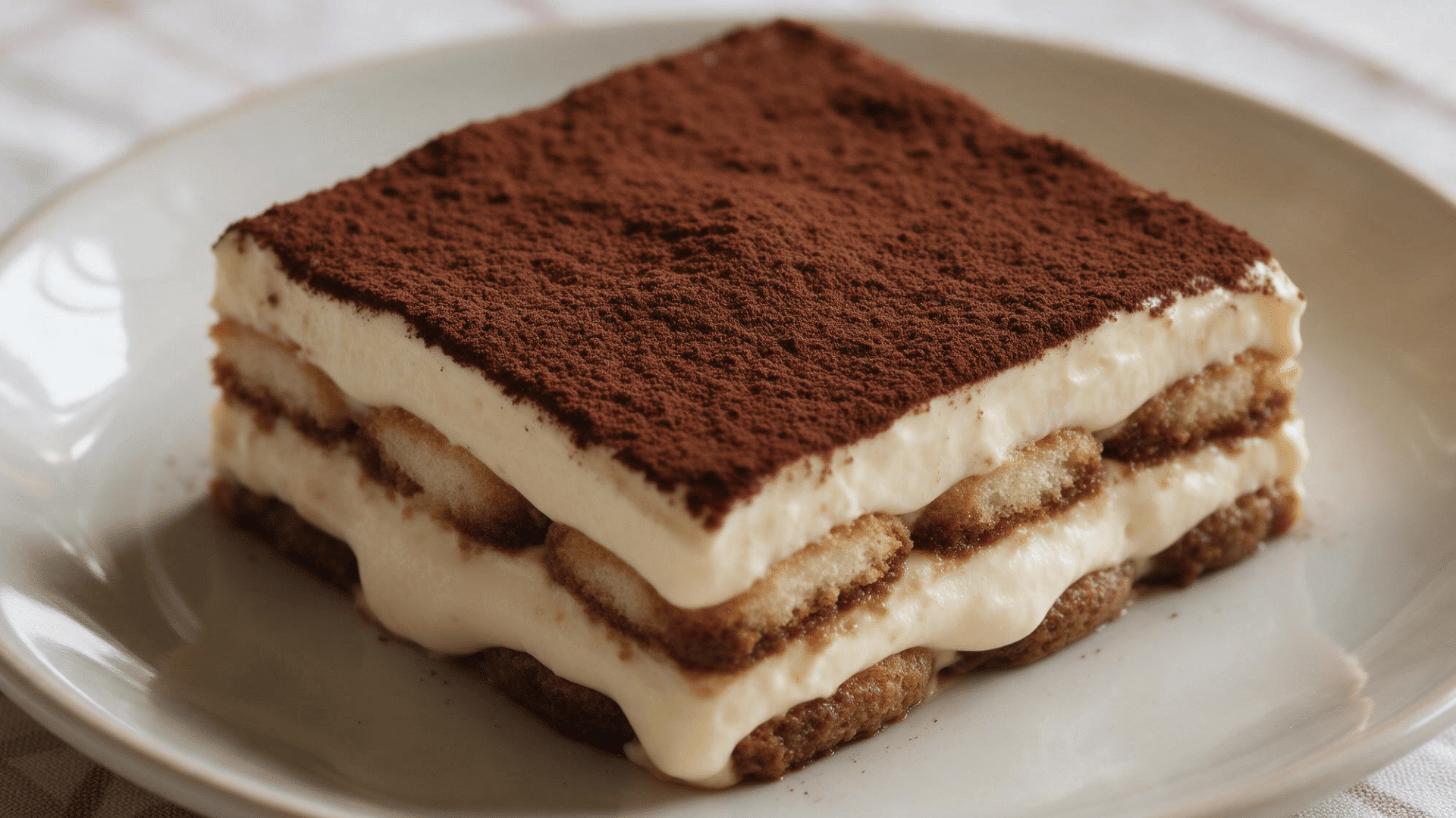 Square slice of tiramisù with mascarpone cream, coffee-soaked ladyfingers and cocoa powder.