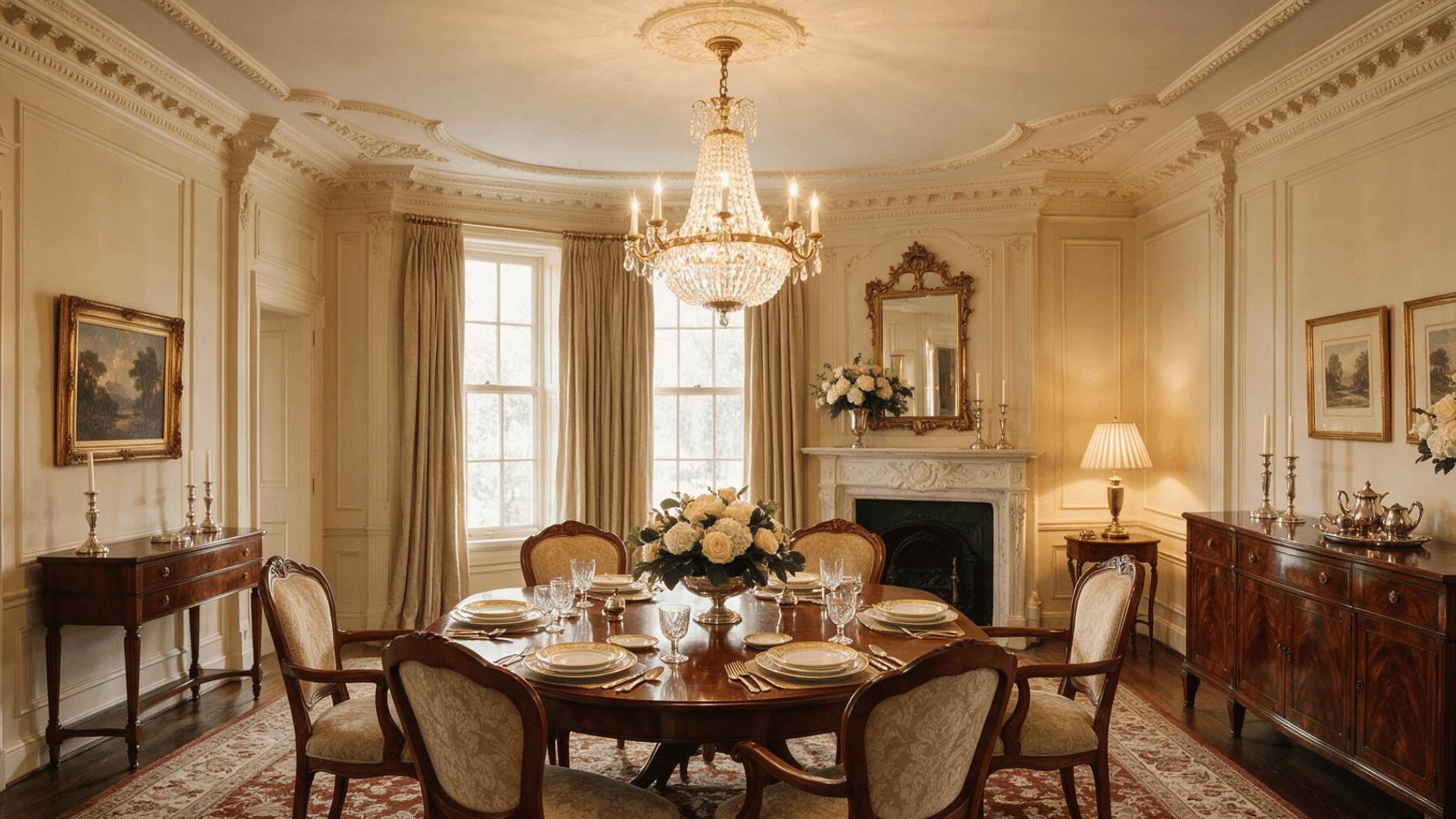 traditional dining room with decorative crown molding details