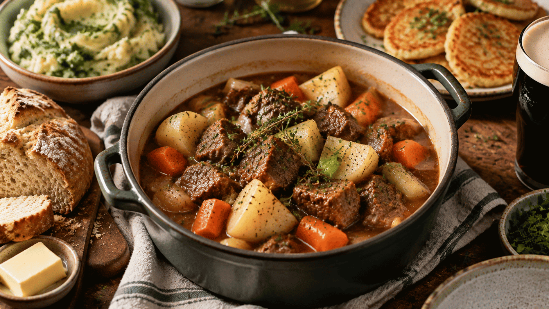 irish recipies featuring beef stew with potatoes, carrots, soda bread, and colcannon