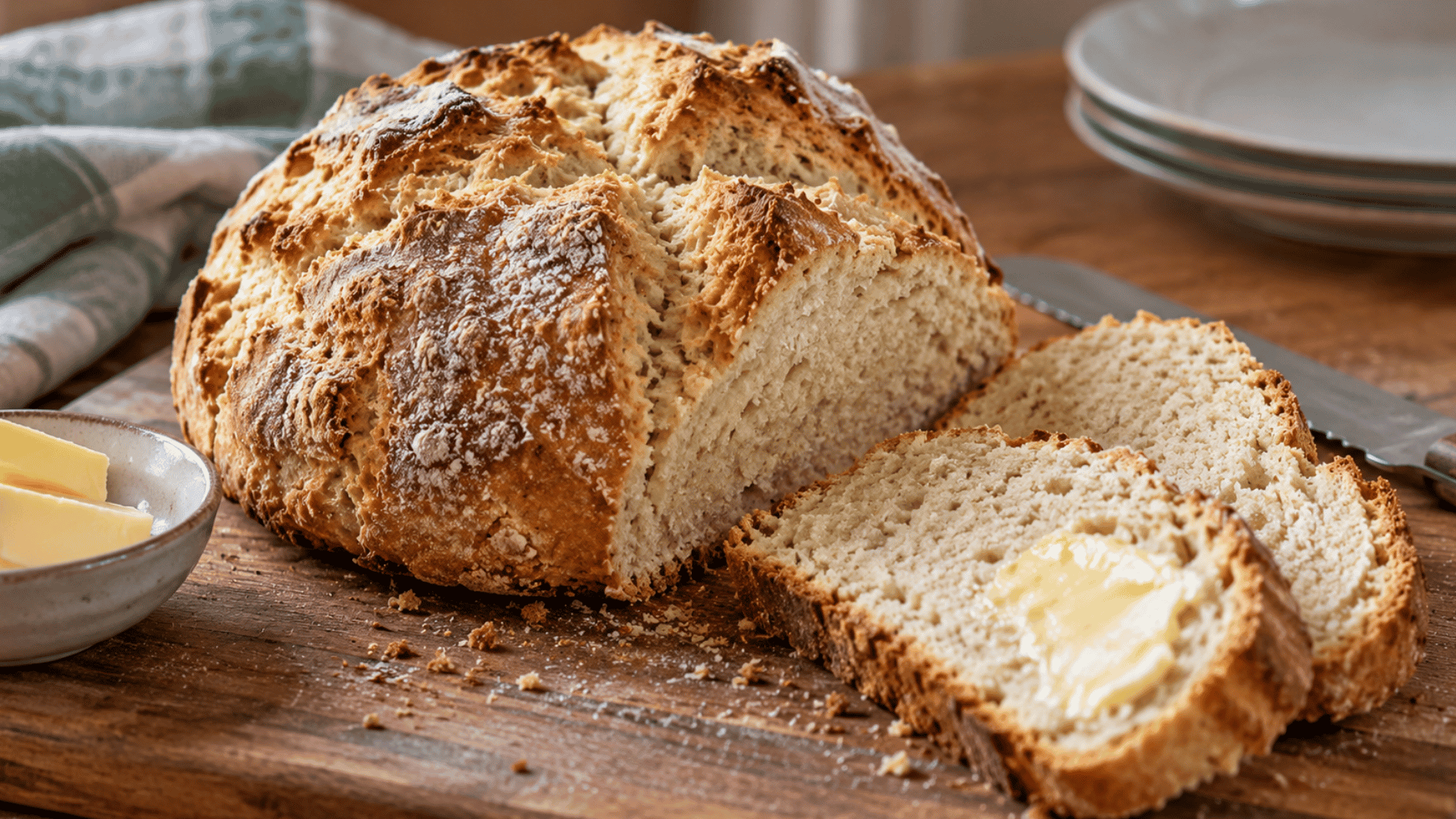 traditional irish soda bread loaf with golden crust, sliced on a wooden board with butter