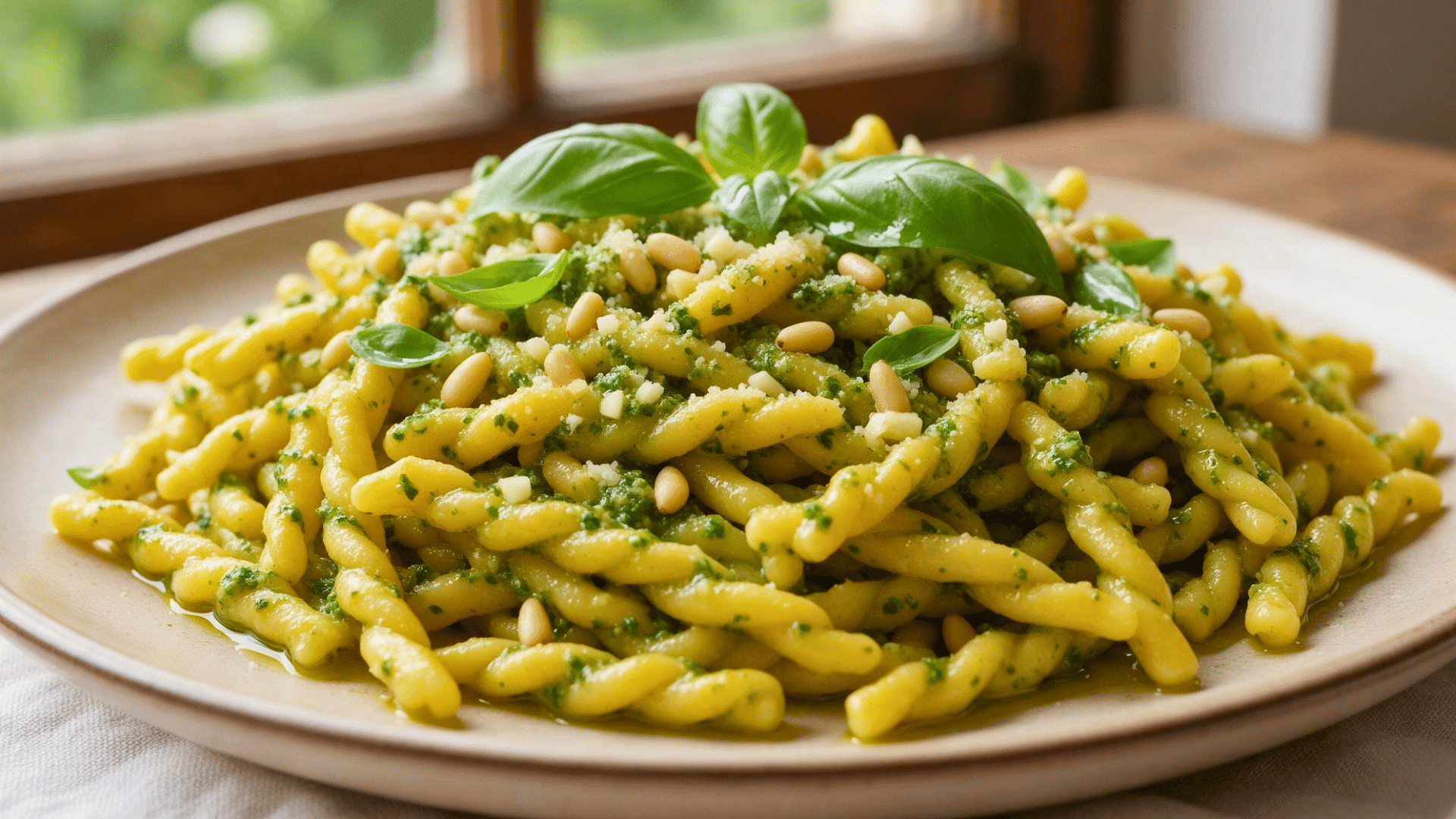 Trofie pasta coated in basil pesto with pine nuts, grated cheese and basil leaves on a white plate.