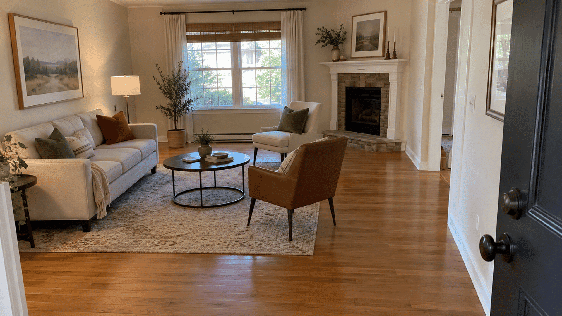 straight sofa and two angled chairs beside a corner fireplace with an open curved path