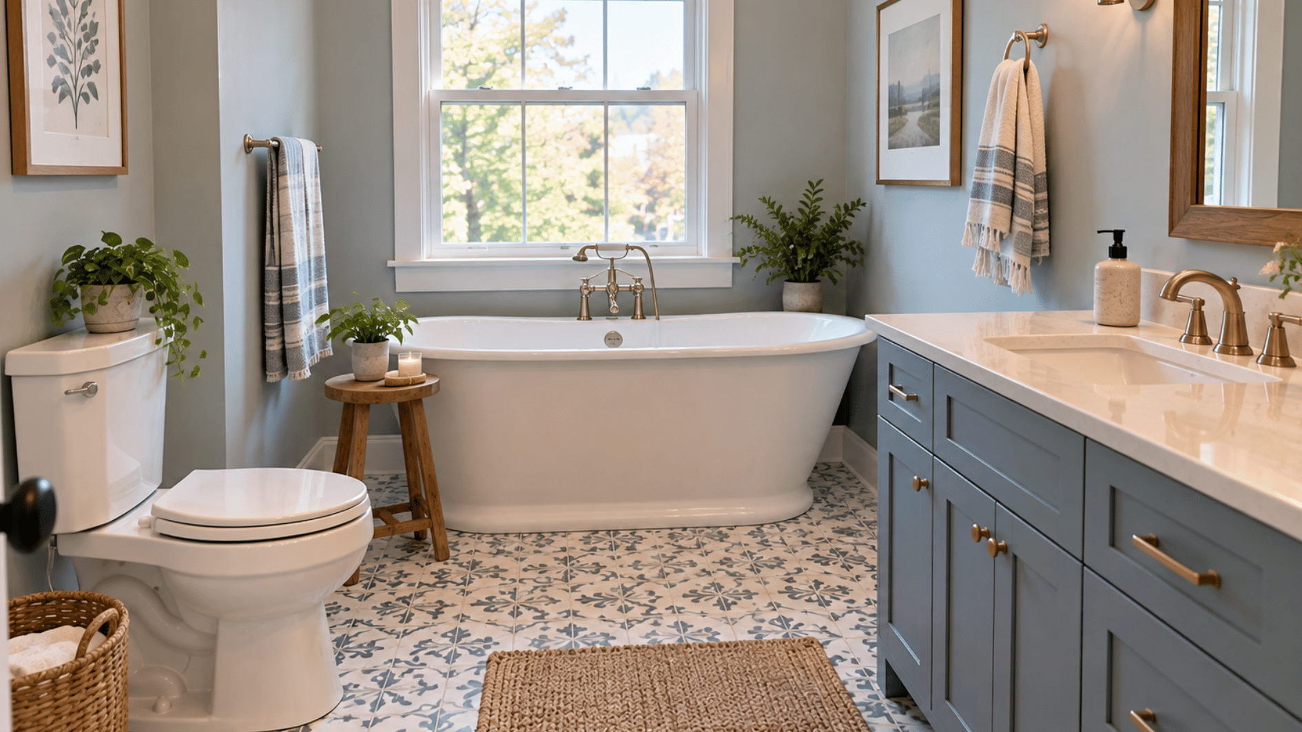 traditional 3/4 bathroom with freestanding bathtub single vanity and toilet with no separate shower