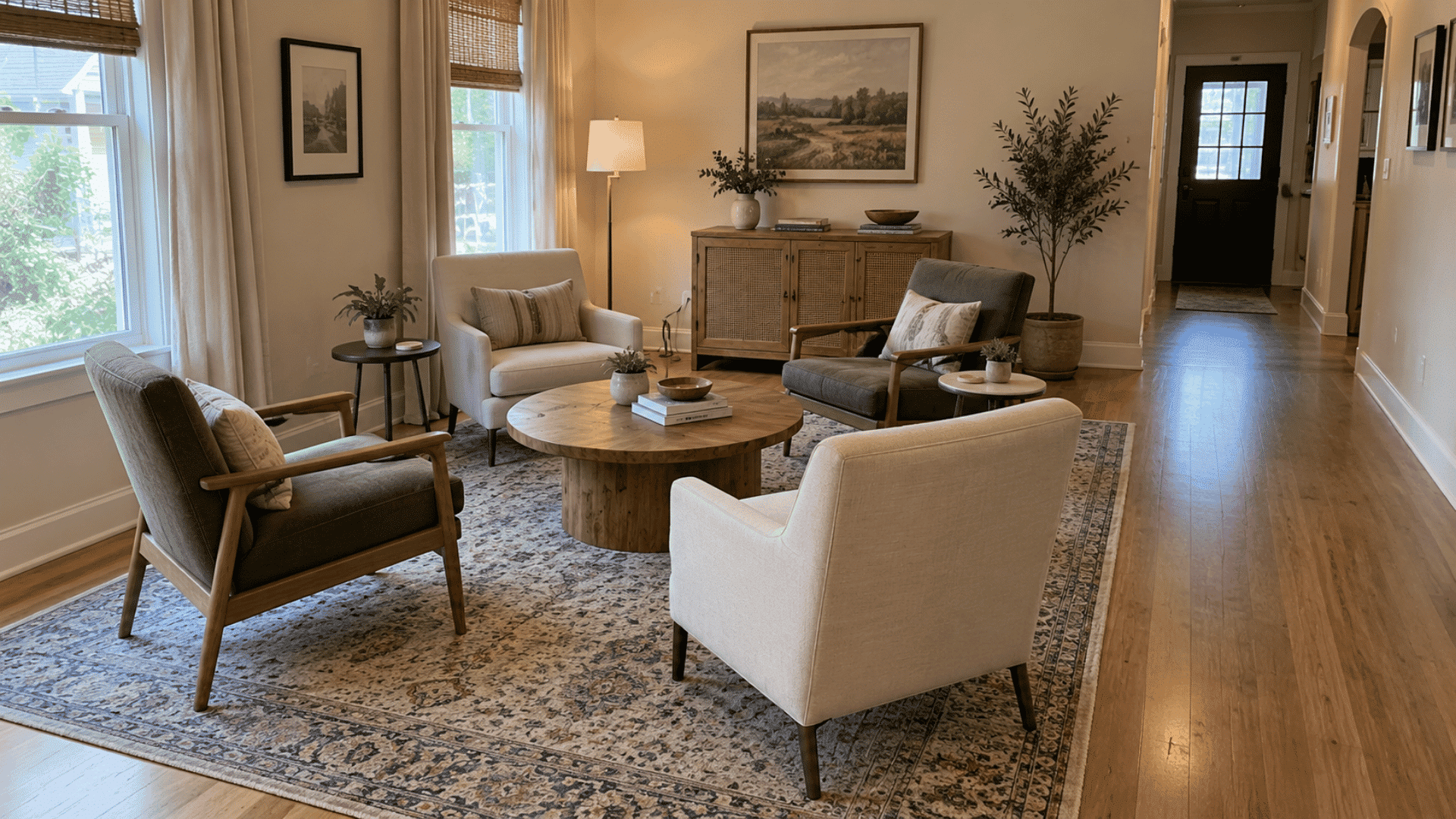 four accent chairs arranged around a round table with a clear walkway and no sofa