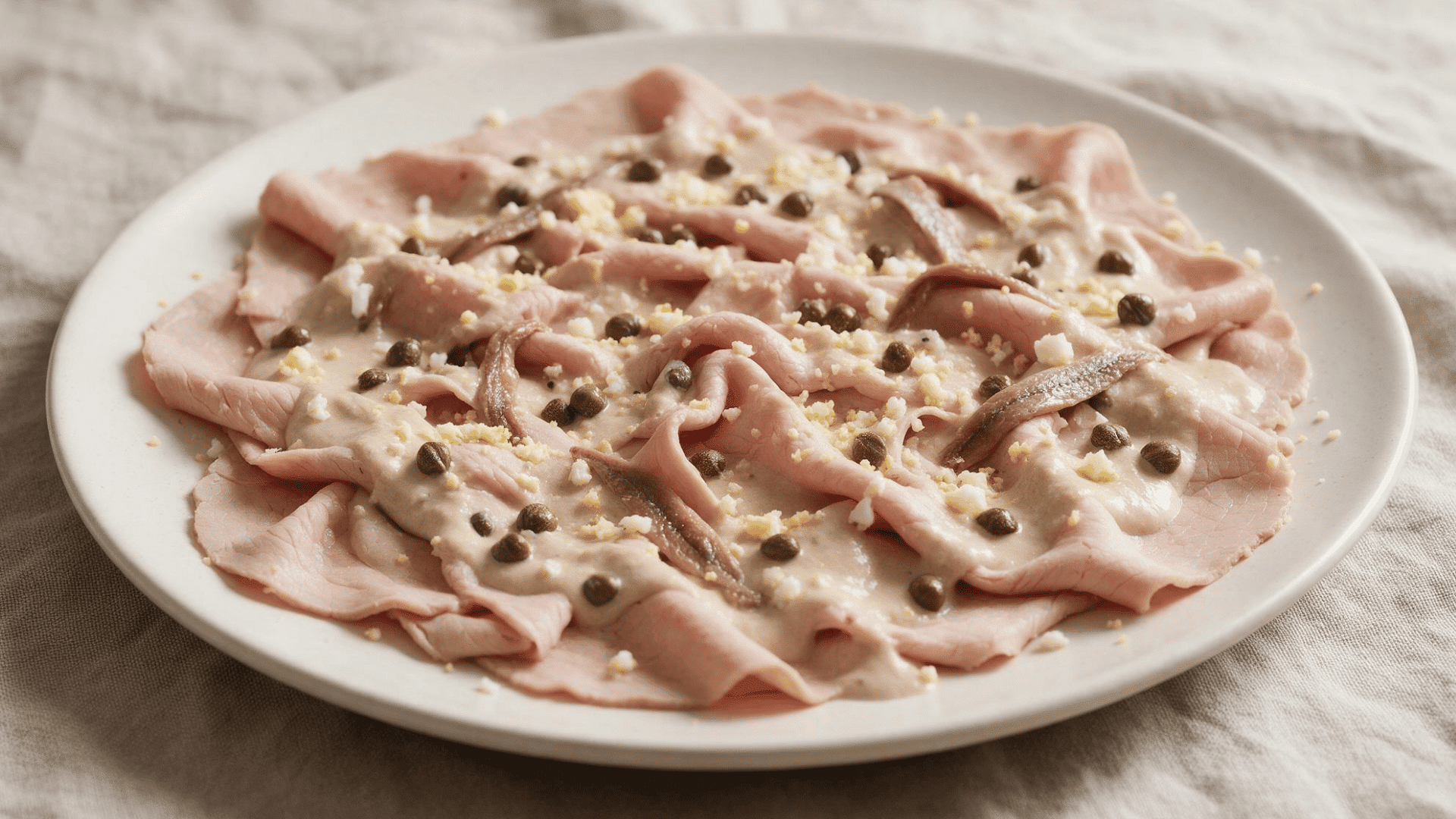 Thin veal slices with tuna caper sauce, capers, anchovy strips, and crumbled egg on a plate.