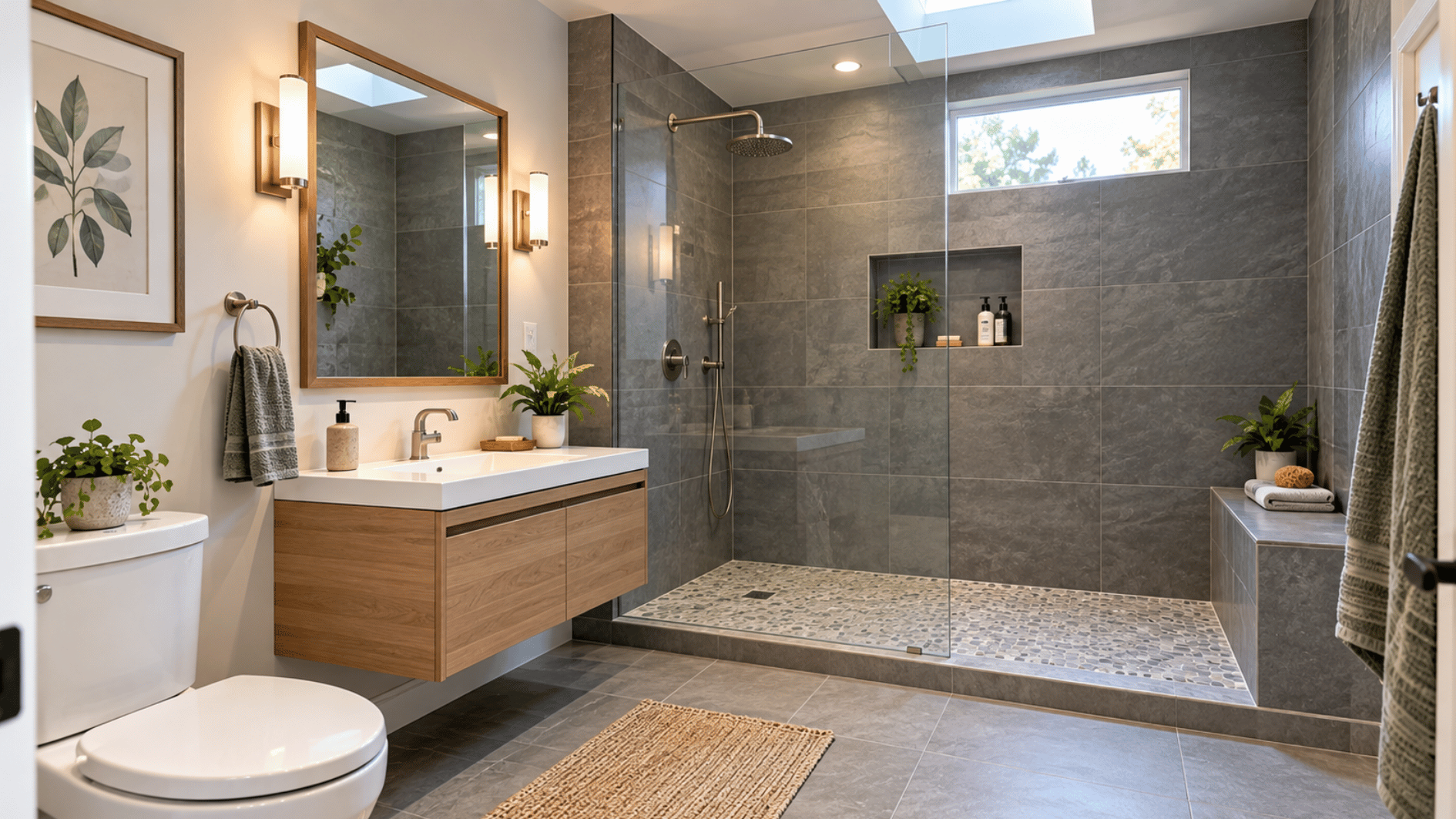 modern 3/4 bathroom with large walk in shower floating vanity and toilet in an open layout