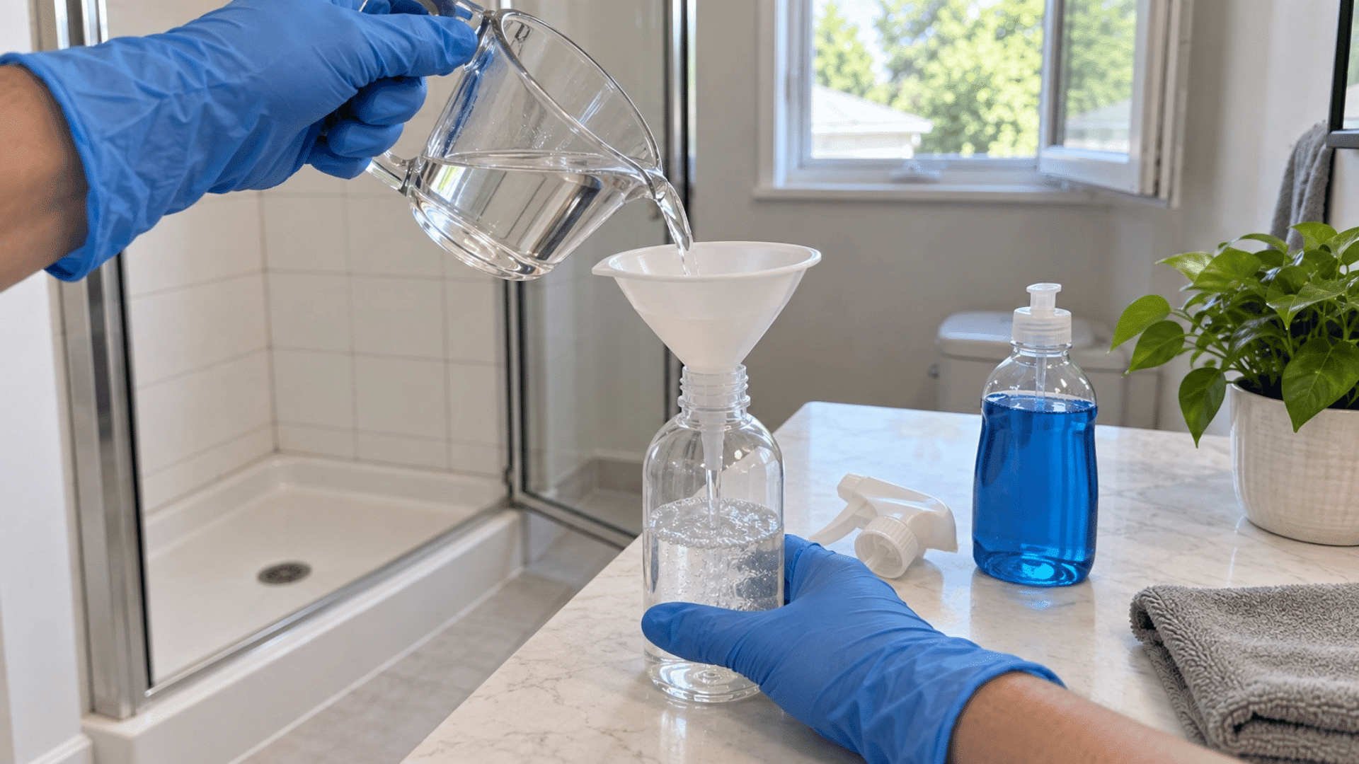 gloved hands pouring clear liquid through a funnel into a spray bottle