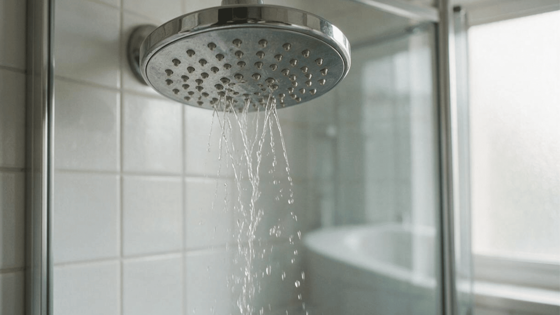 weak stream of water coming from a bathroom showerhead in a home setting