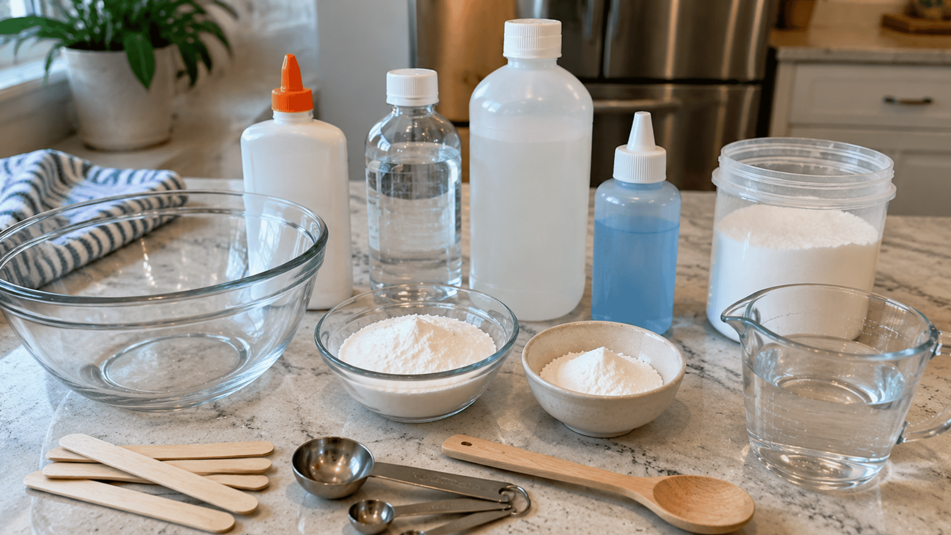 borax, baking soda, contact solution, liquid starch, glue, and slime-making tools arranged on a table