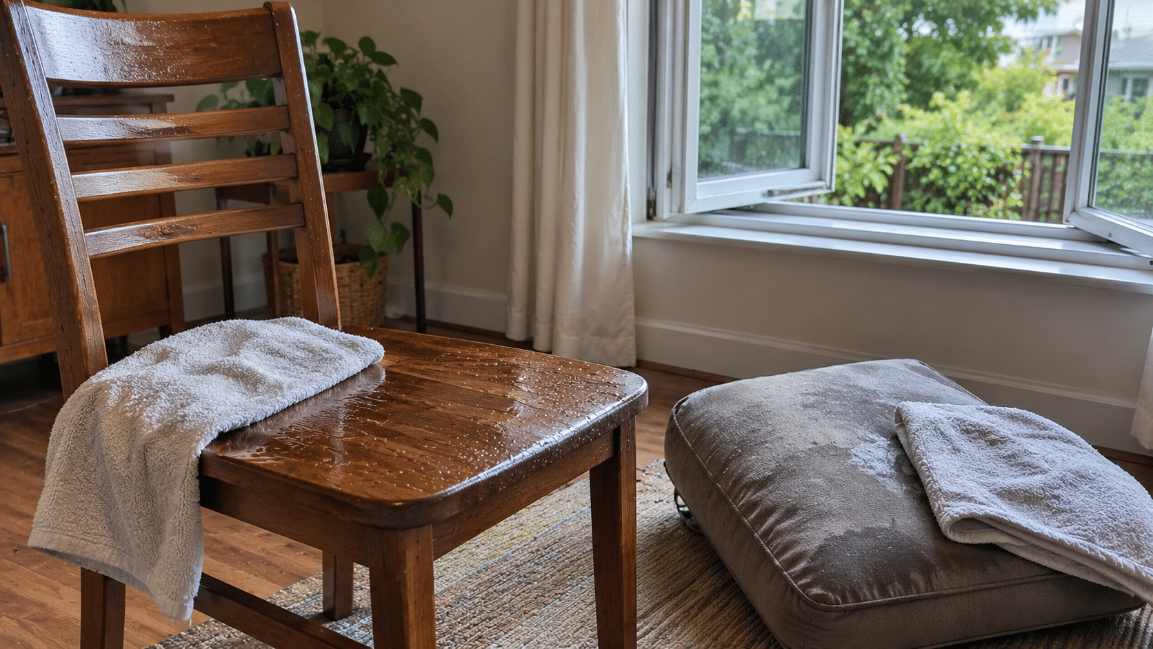 damp wooden chair and fabric cushion drying indoors near an open window with towels