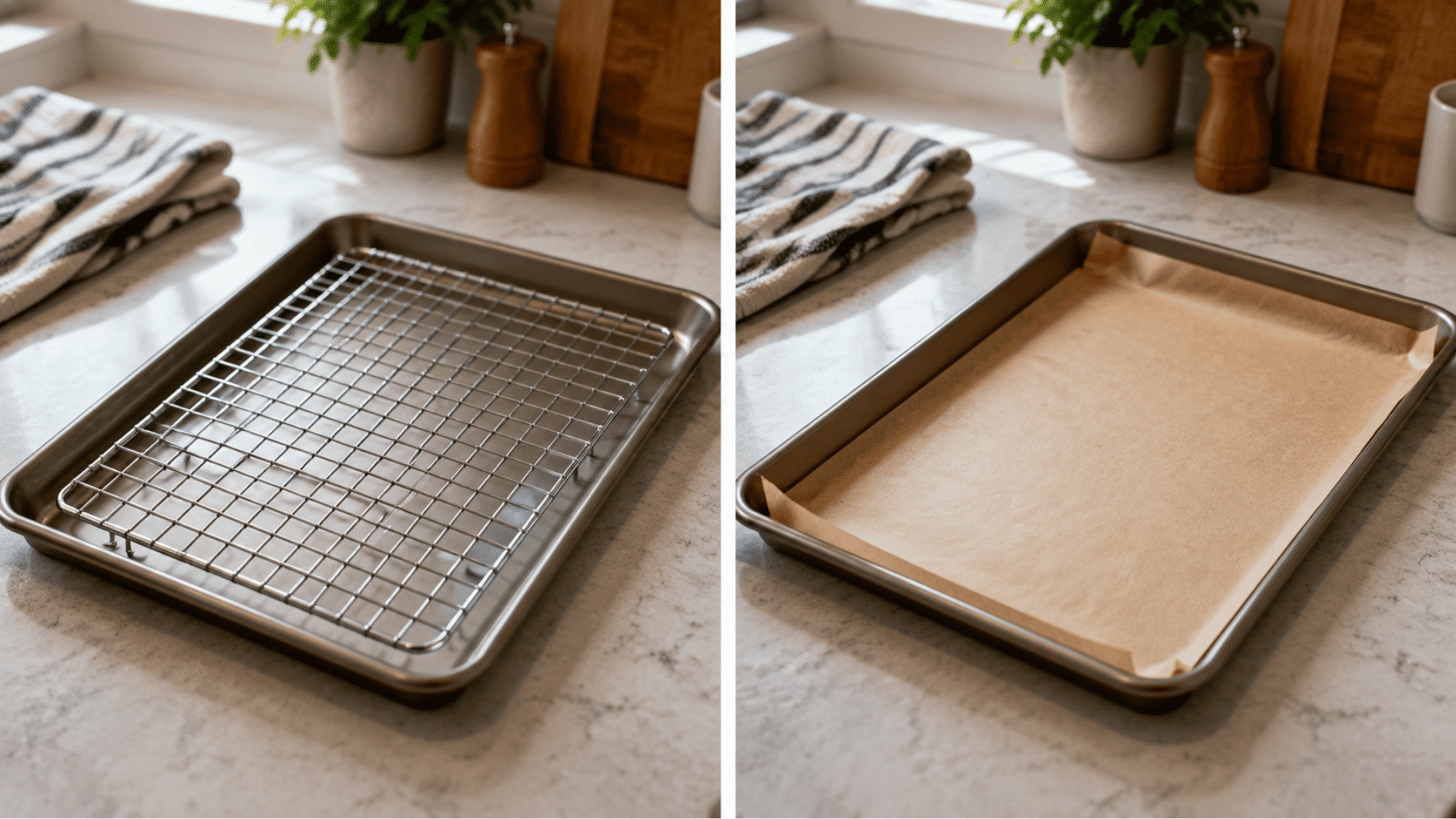 wire rack over baking sheet compared with parchment lined sheet pan on kitchen counter