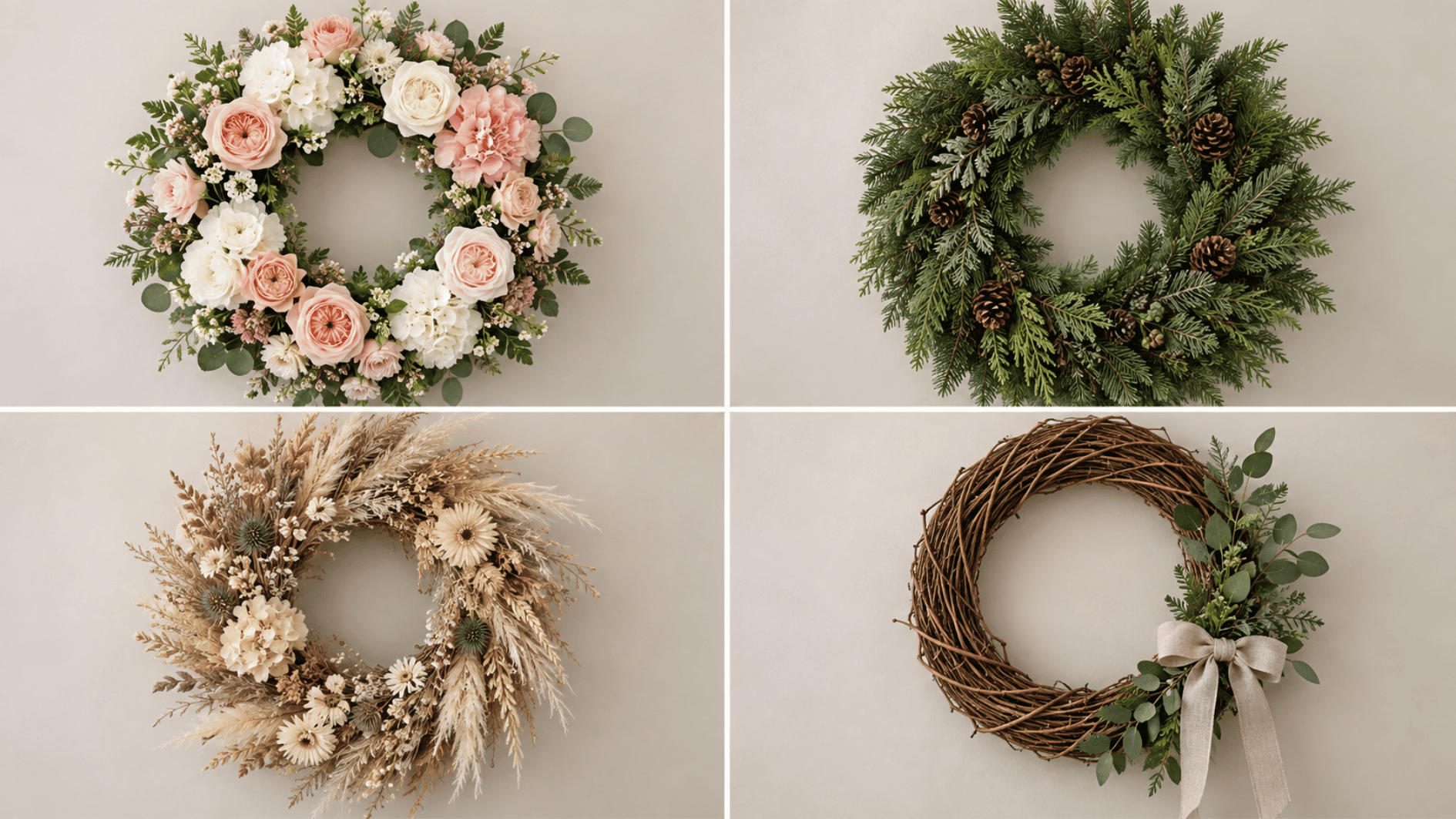 four different wreath styles including fresh flowers evergreen dried flowers and grapevine designs